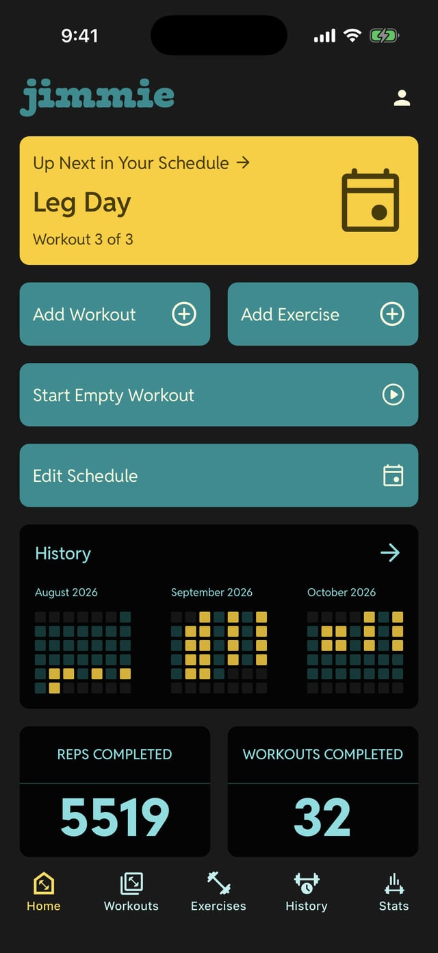 Jimmie home screen: the next scheduled workout, quick actions, training history and totals