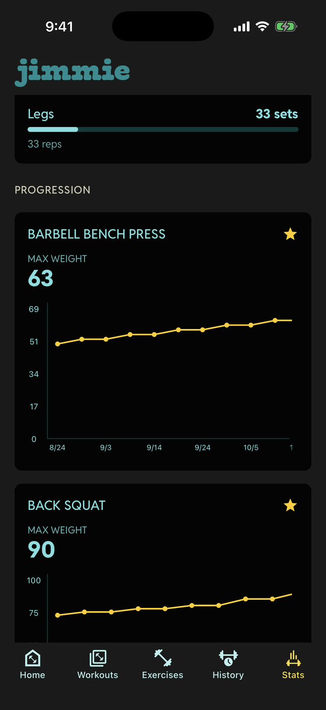 Stats screen with set totals and max-weight progression charts